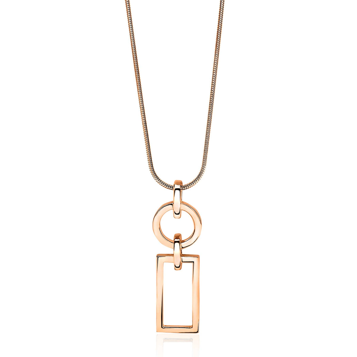 Colgante dorado con forma rectangular y anillo, suspendido de una cadena fina.