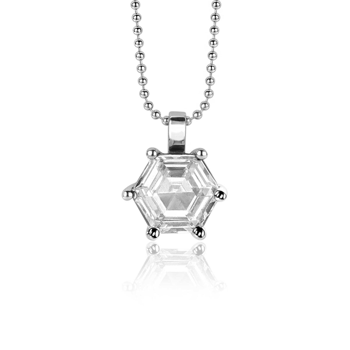 Colgante de plata con forma octogonal y piedra transparente, suspendido de una cadena de bolitas.