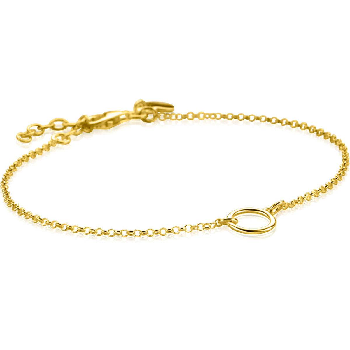 Pulsera dorada con eslabones delicados y un colgante circular en el centro.
