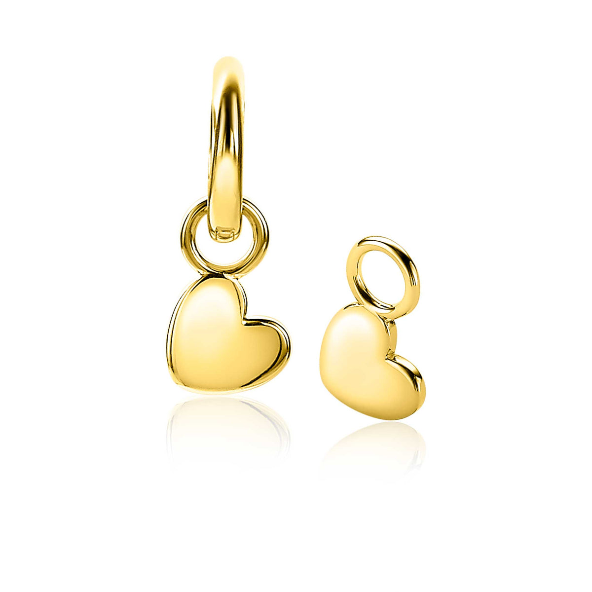 Pendientes de corazón dorados con un diseño colgante y acabado brillante.