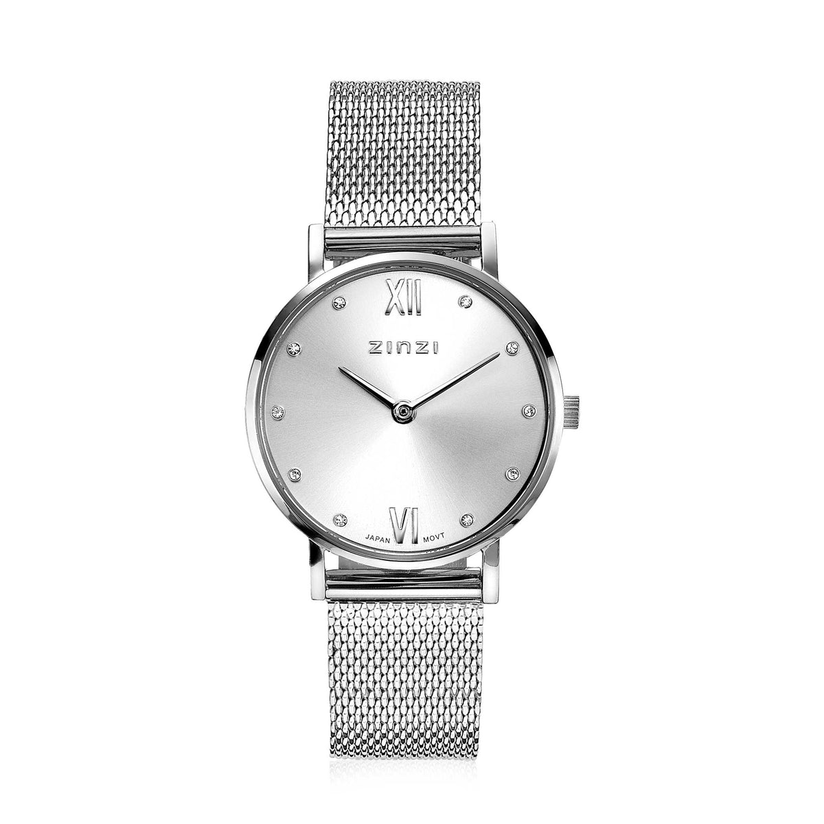 Reloj de acero color plateado con esfera brillante y malla milanesa.