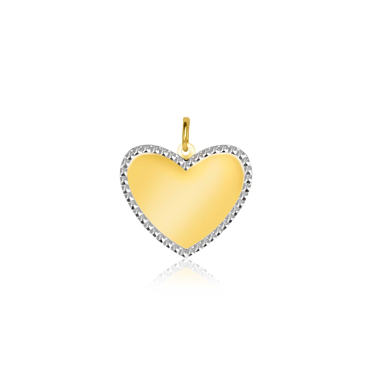 Colgante en forma de corazón dorado con borde de piedras brillantes.
