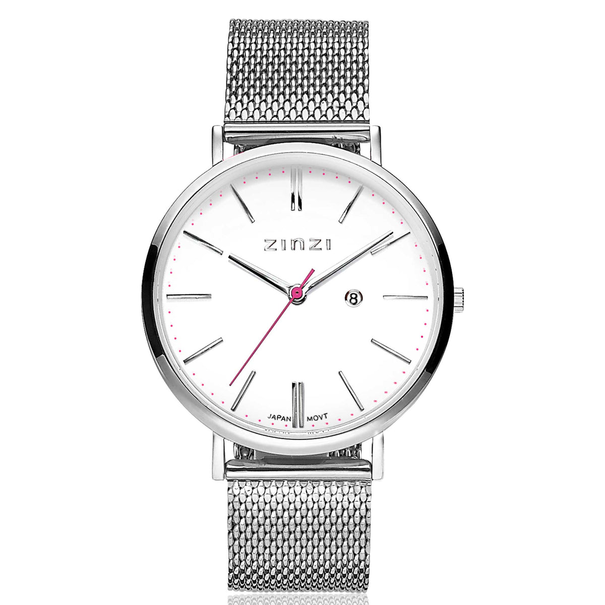Reloj de acero color plateado con esfera blanca, agujas delgadas y correa de malla.