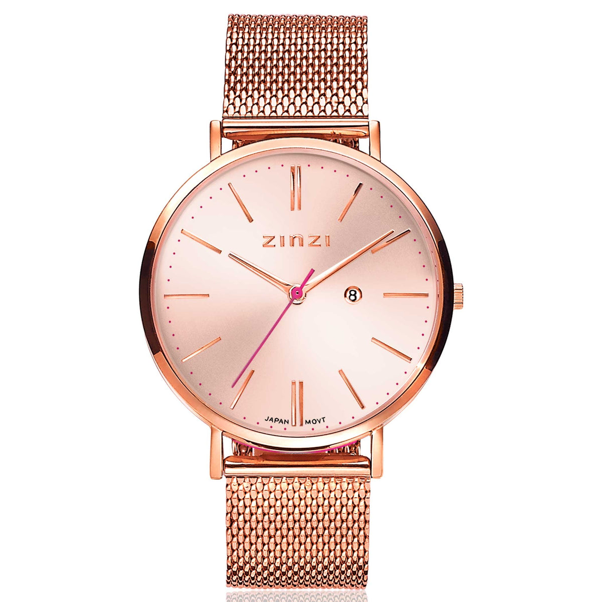 Reloj de acero color rosado con esfera brillante y correa de malla.