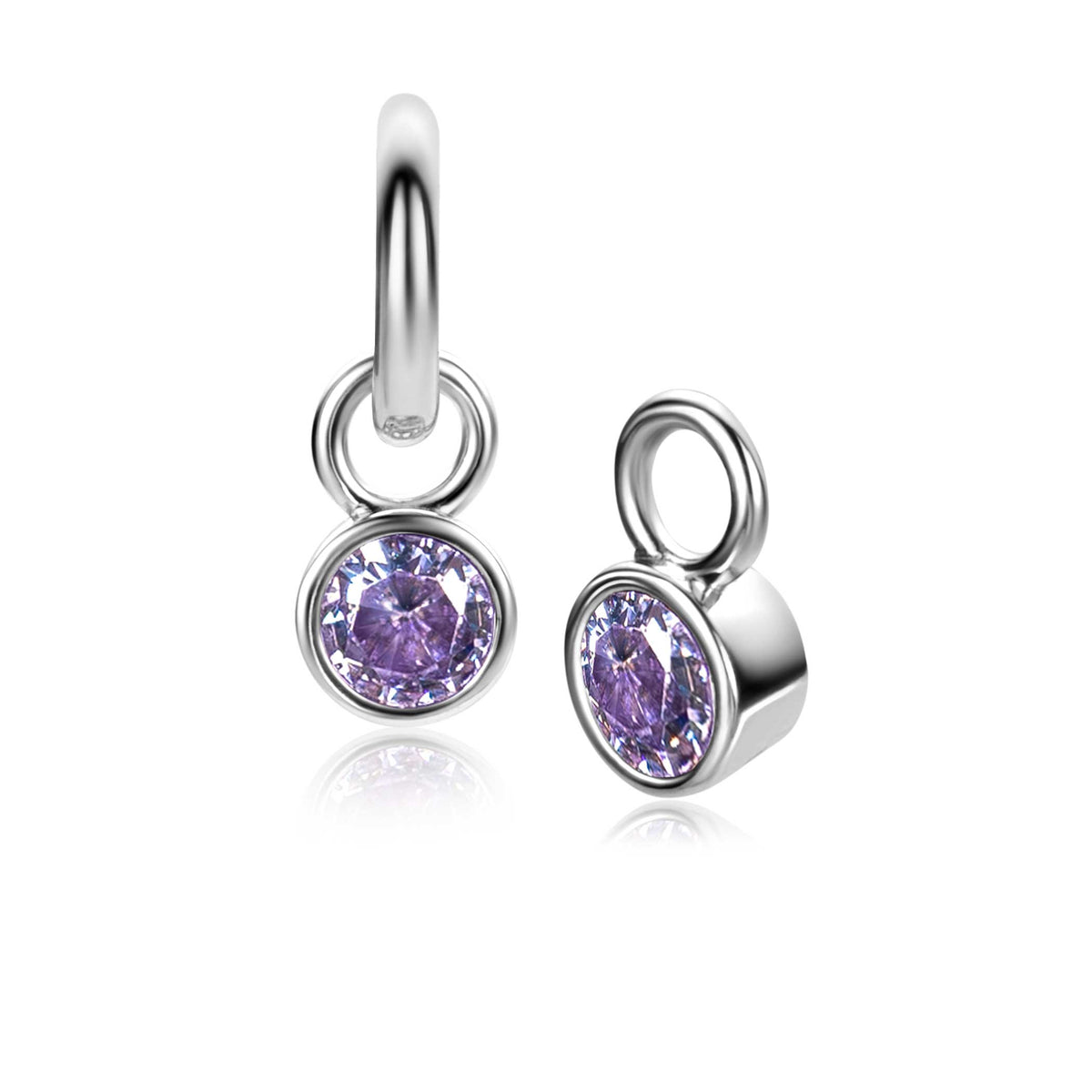 Pendientes de plata con circonitas moradas en forma redonda.