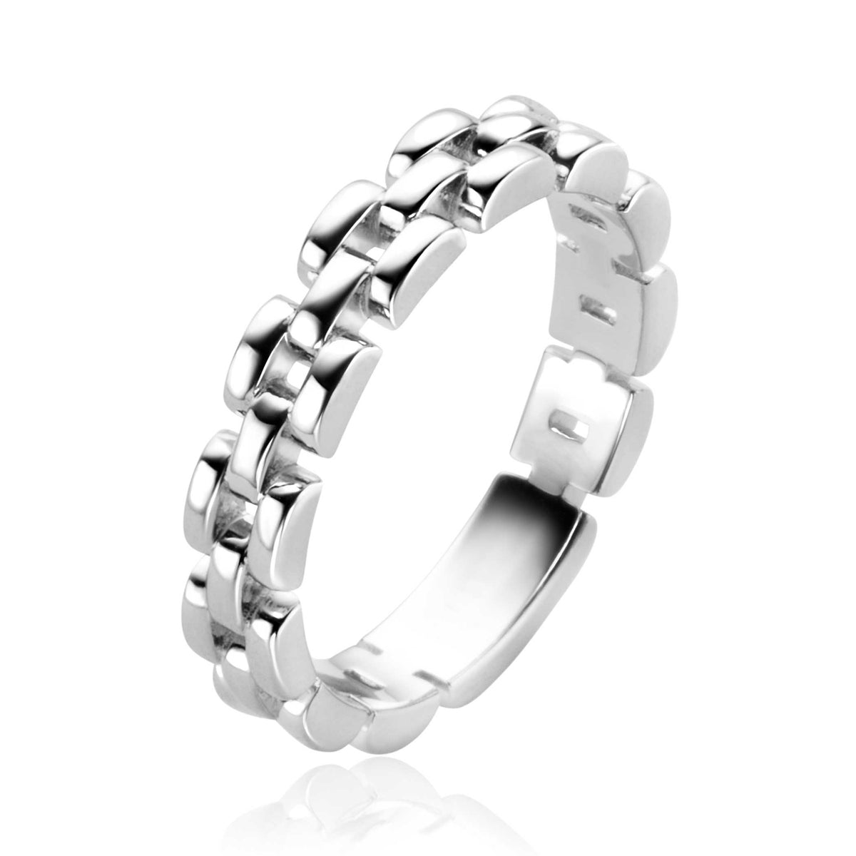 Anillo de plata con diseño de eslabones, acabado brillante y forma circular.