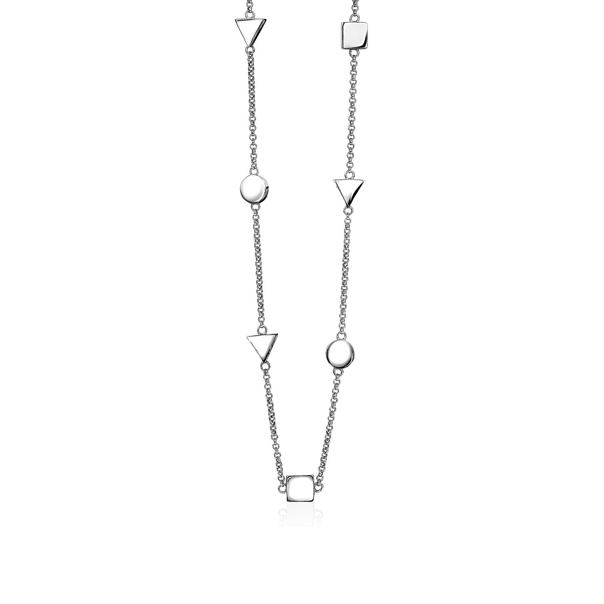 Collar de plata con formas geométricas alternadas, incluyendo triángulos, círculos y cuadrados.
