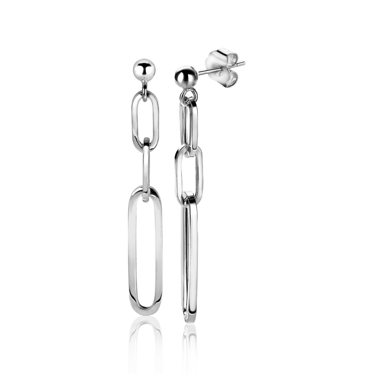 Pendientes largos de plata con eslabones en forma ovalada y redonda.