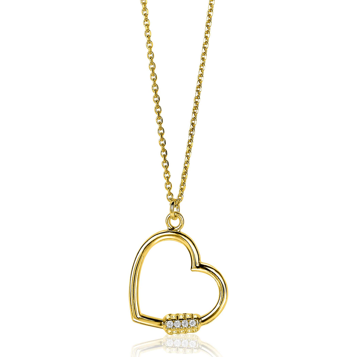 Collar dorado con colgante en forma de corazón y detalles de piedras brillantes.