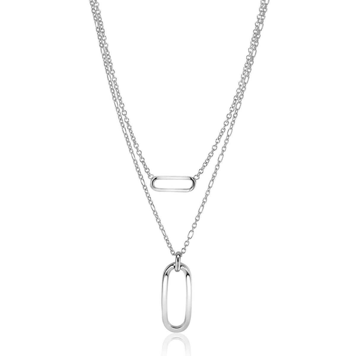 Collar de plata con dos cadenas y colgantes ovalados en diferentes tamaños.