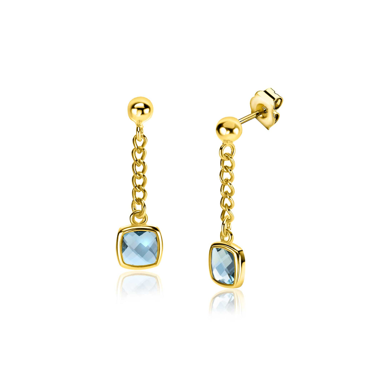 Pendientes de oro con cadena y piedra azul en forma cuadrada.