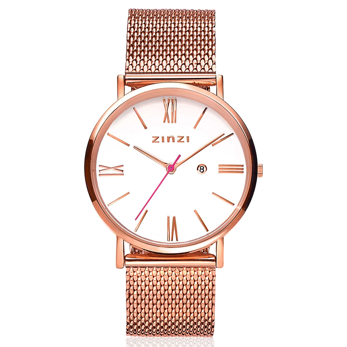 Reloj de malla en color rosado con esfera blanca y números romanos en dorado.