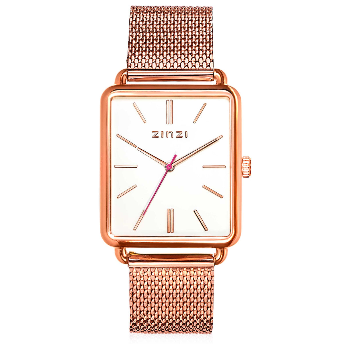 Reloj rectangular de color rosado con malla metálica y esfera blanca, detalles en rosa.
