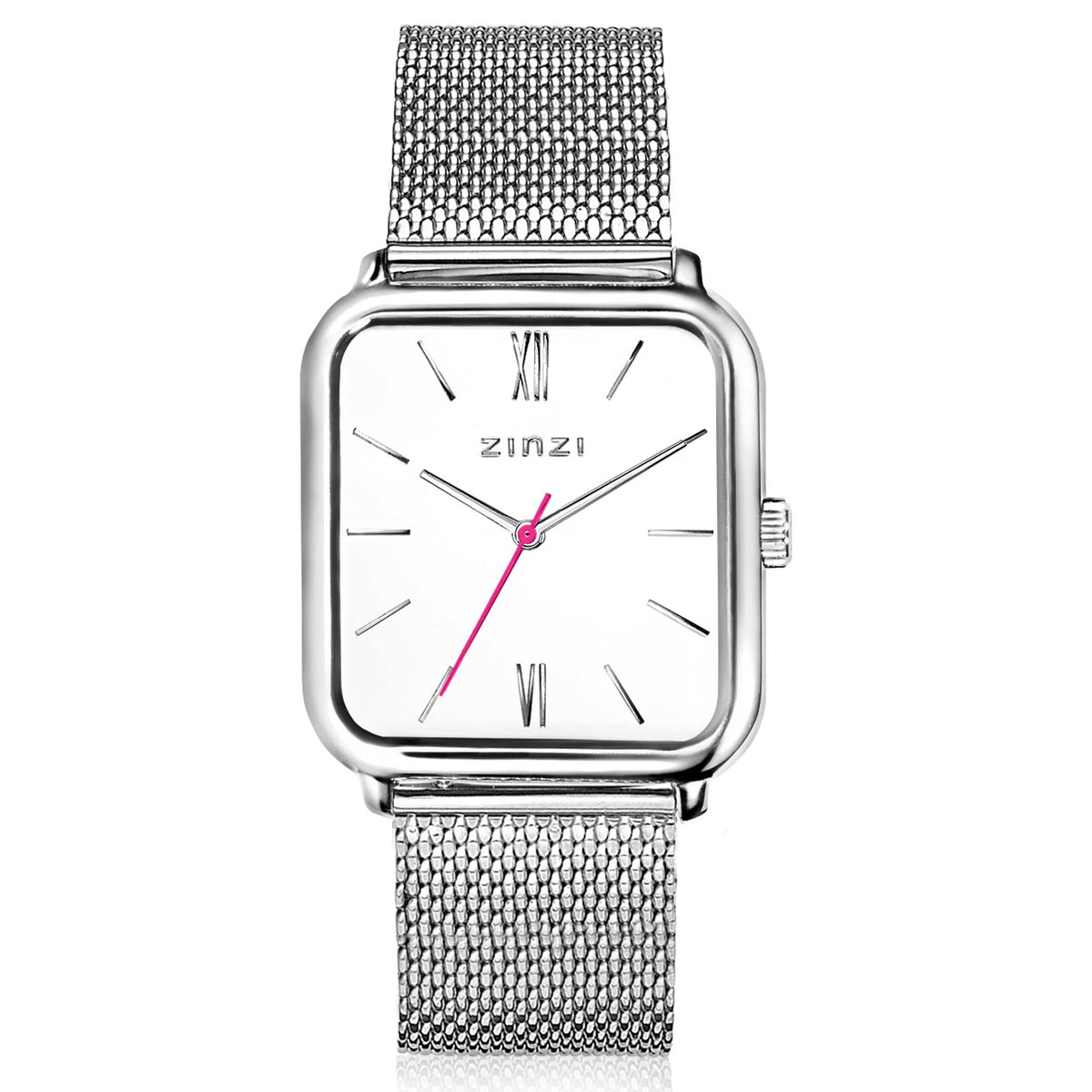 Reloj de acero plateado con esfera blanca, números romanos y correa de malla.