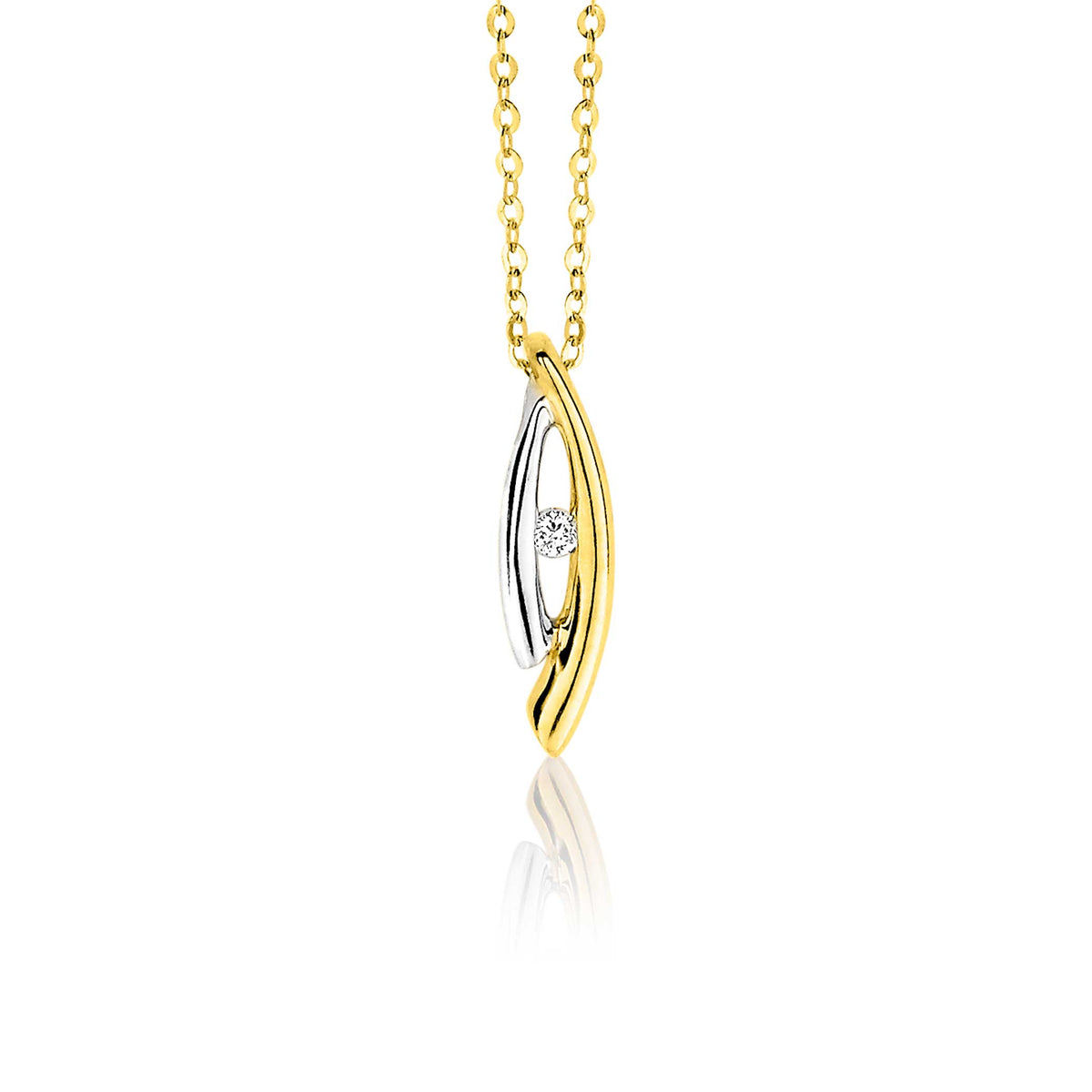 Colgante dorado con detalle plateado y una piedra brillante, suspendido de una cadena.