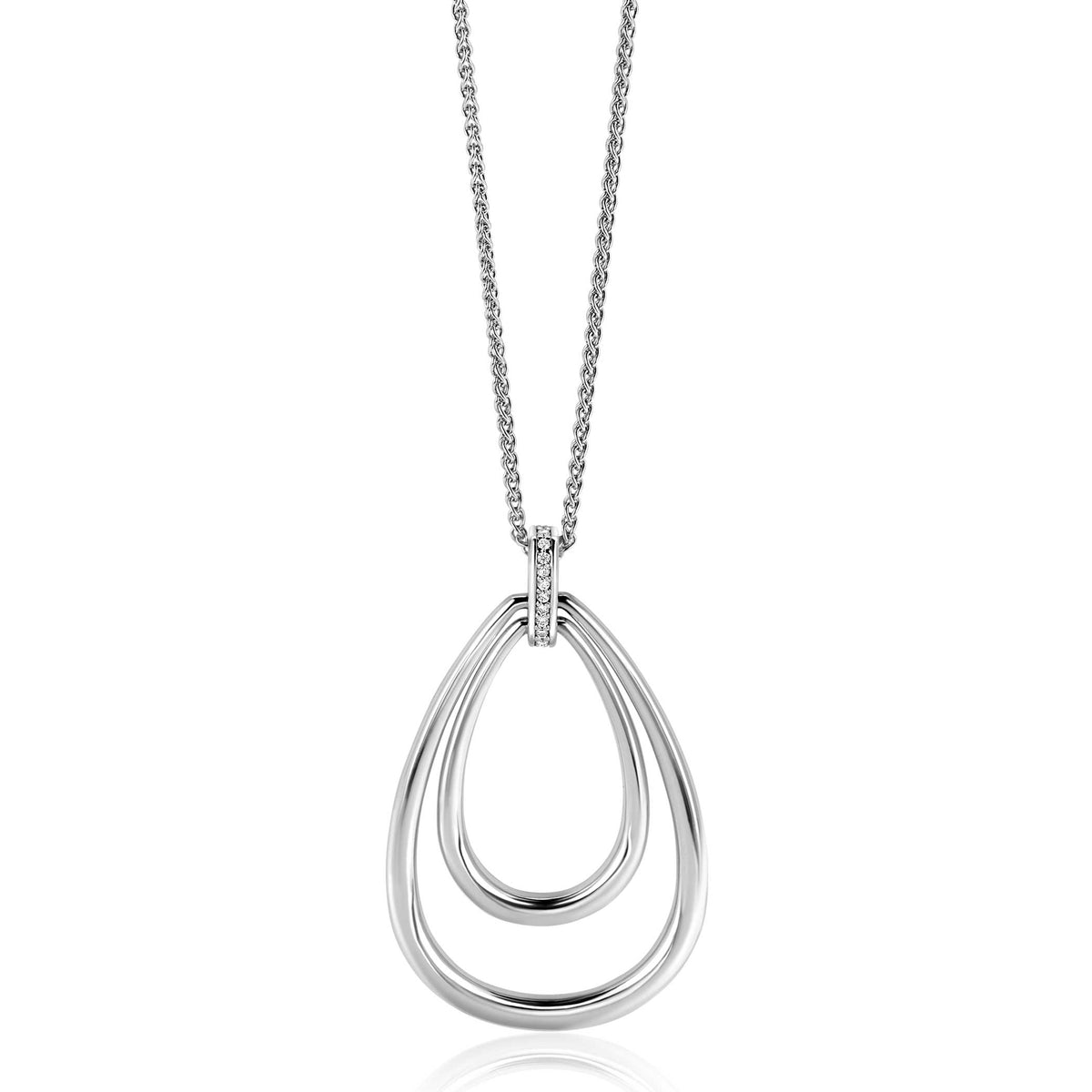 Collar de plata con colgante en forma de gota doble.
