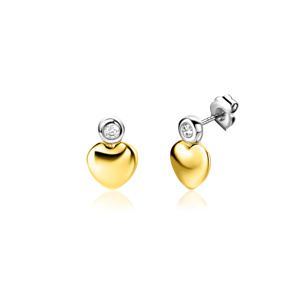 Pendientes de corazón dorados con detalle plateado y circonita en la parte superior.