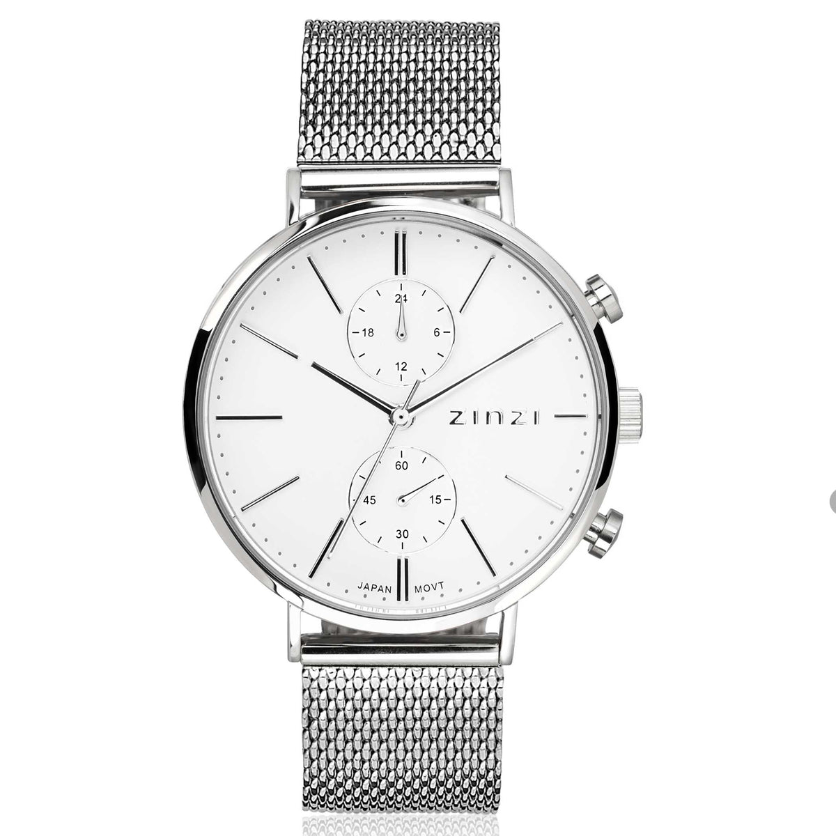 Reloj de acero color plateado con esfera blanca y correa de malla.