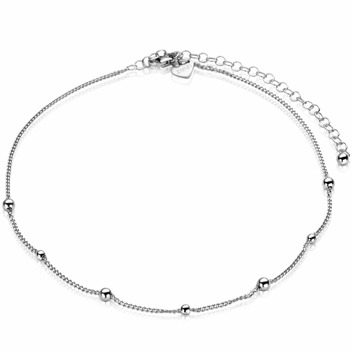 Cadena de plata con eslabones finos y bolitas decorativas.