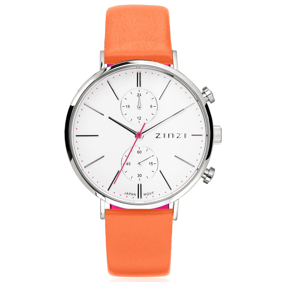 Reloj de acero plateado con esfera blanca, correa de silicona naranja y detalles en negro.