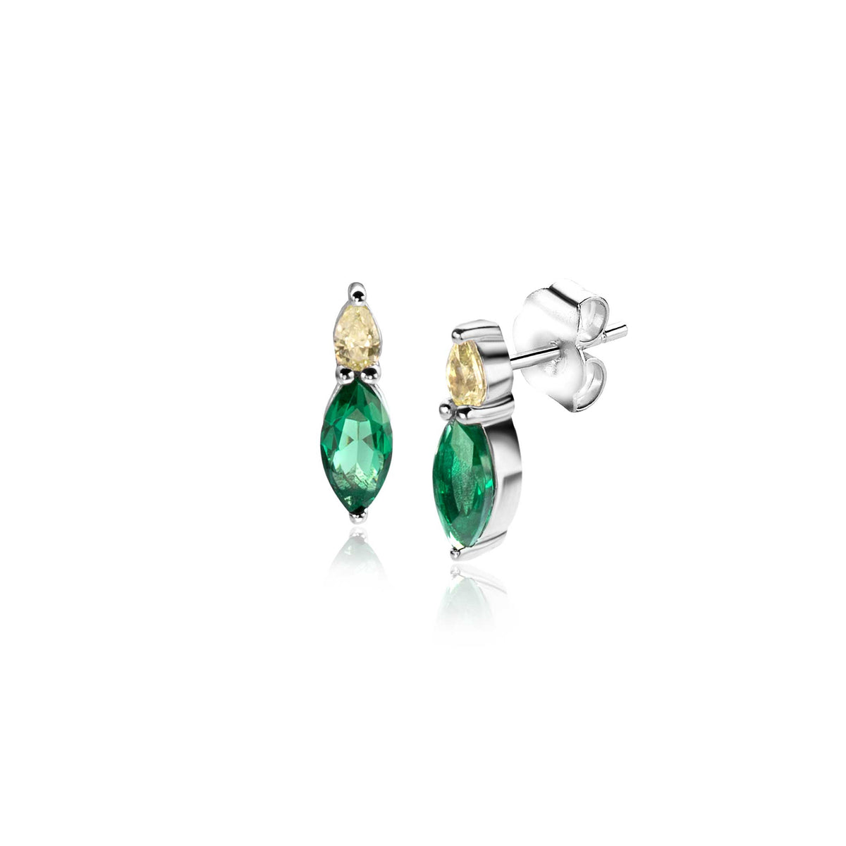 Pendientes de plata con piedras verdes y amarillas en forma de gota.