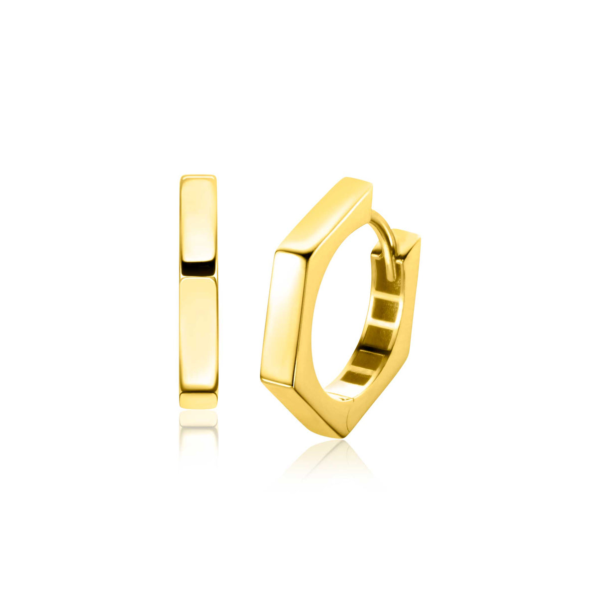 Pendientes de aro dorados con forma octagonal y acabado pulido.