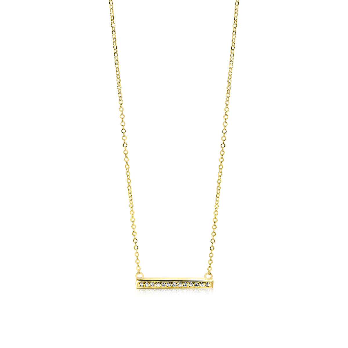 Collar dorado con una barra decorada con piedras brillantes en el centro.