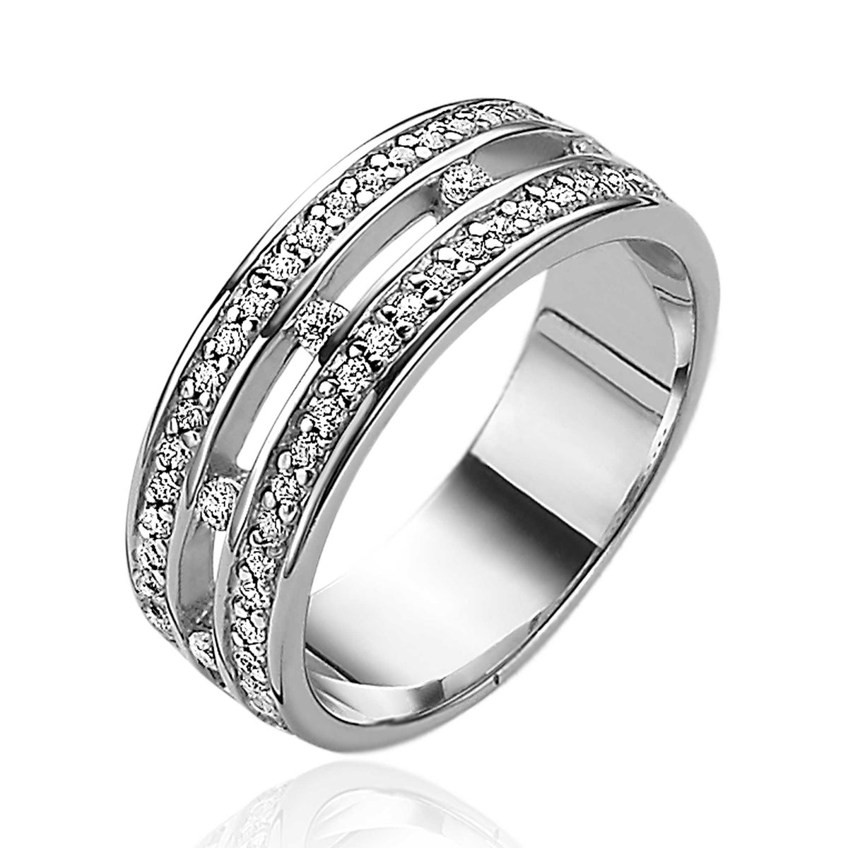Anillo de plata con detalles de circonitas brillantes en dos líneas.