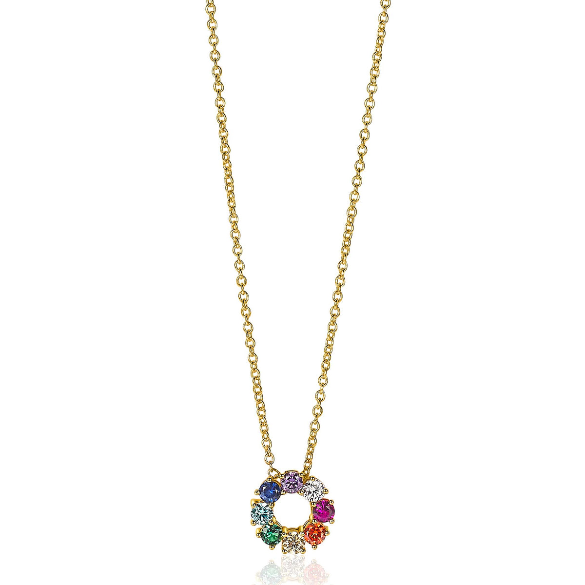 Collar dorado con colgante circular decorado con piedras de colores.