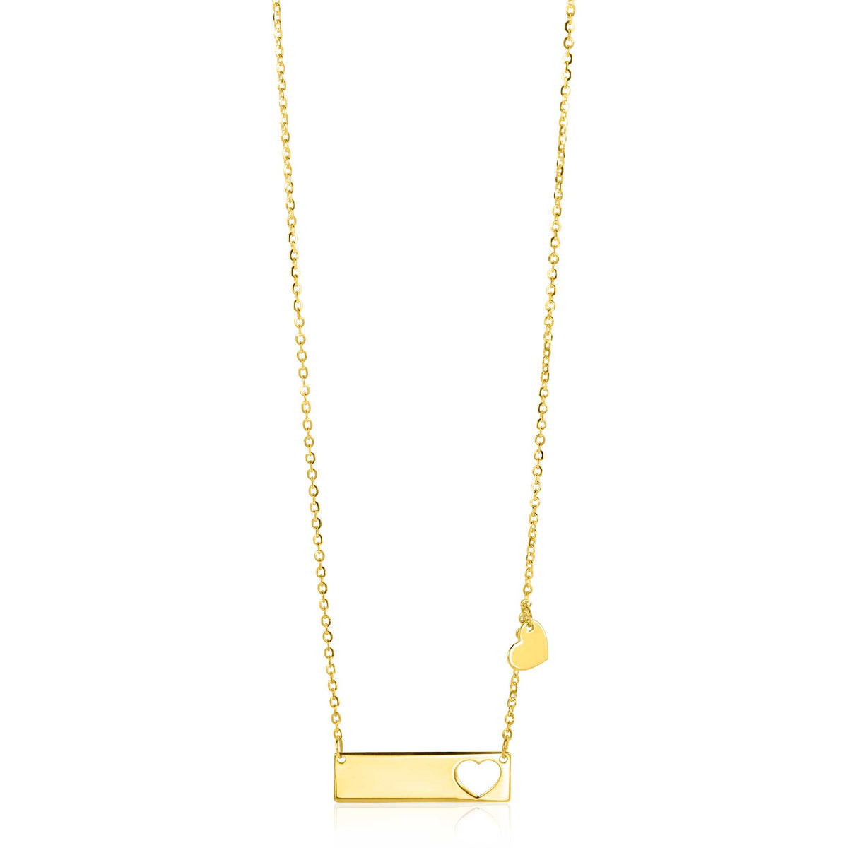 Collar dorado con un colgante rectangular y un pequeño corazón.