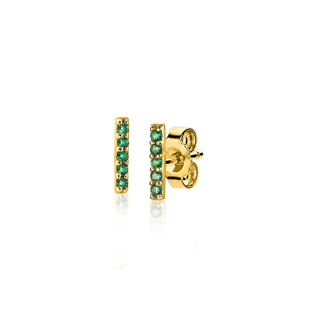 Pendientes de oro con piedras verdes en forma de barra.