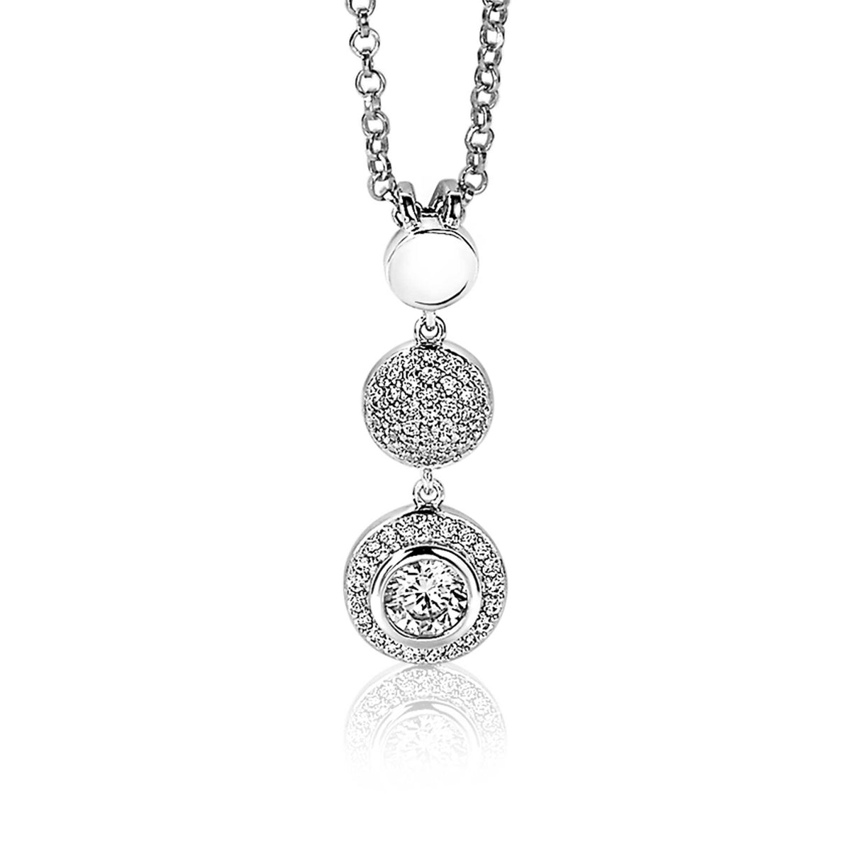 Colgante de plata con dos círculos decorados con piedras brillantes y un cristal central.