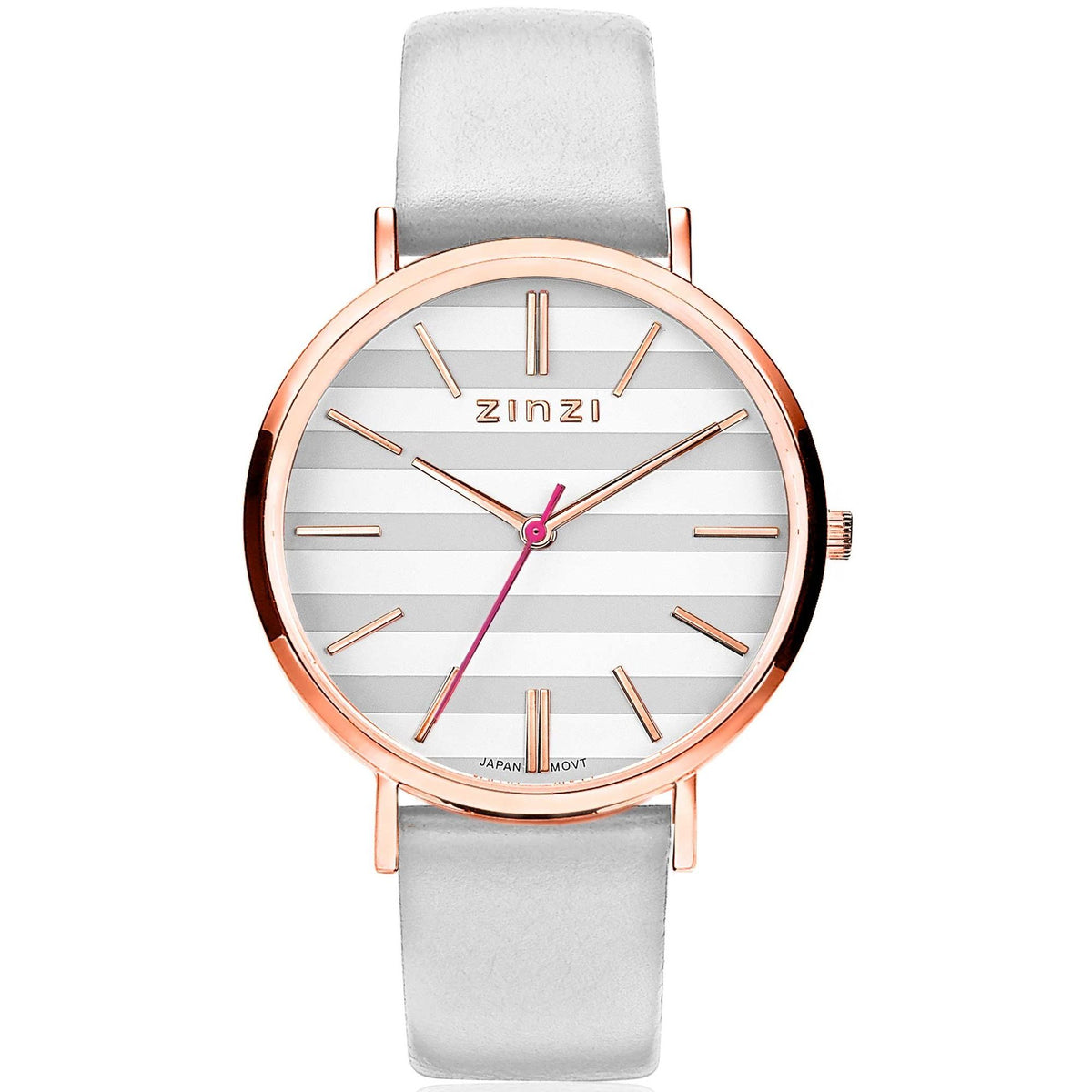 Reloj de acero inoxidable color rosado con correa de cuero gris y esfera con rayas blancas.