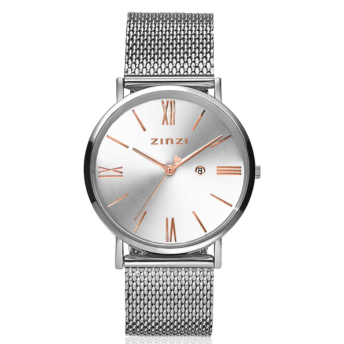 Reloj de acero plateado con esfera plateada y detalles en rosa, correa de malla.