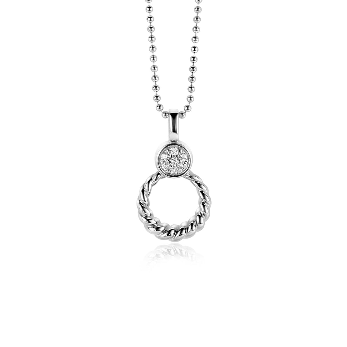 Colgante de plata con diseño trenzado y detalle de circonitas brillantes.