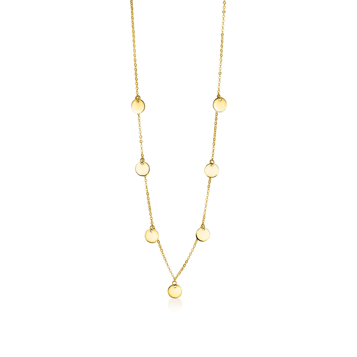 Collar dorado con discos brillantes en forma de círculo, diseño delicado y cadena fina.