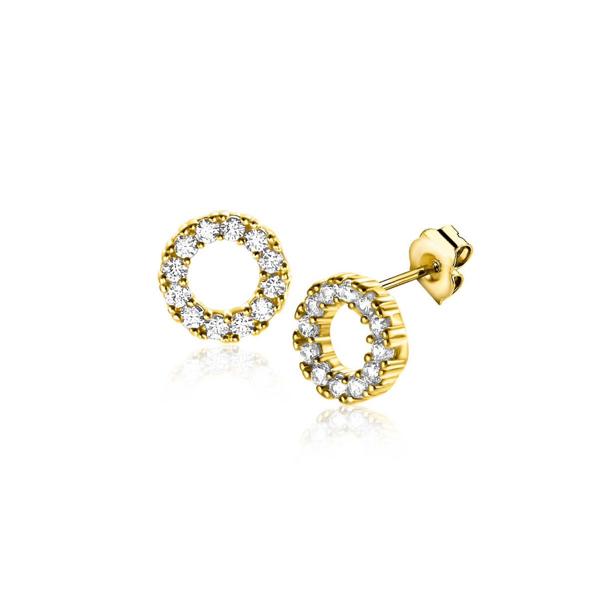 Pendientes de aro dorados con circonitas brillantes en forma de círculo.