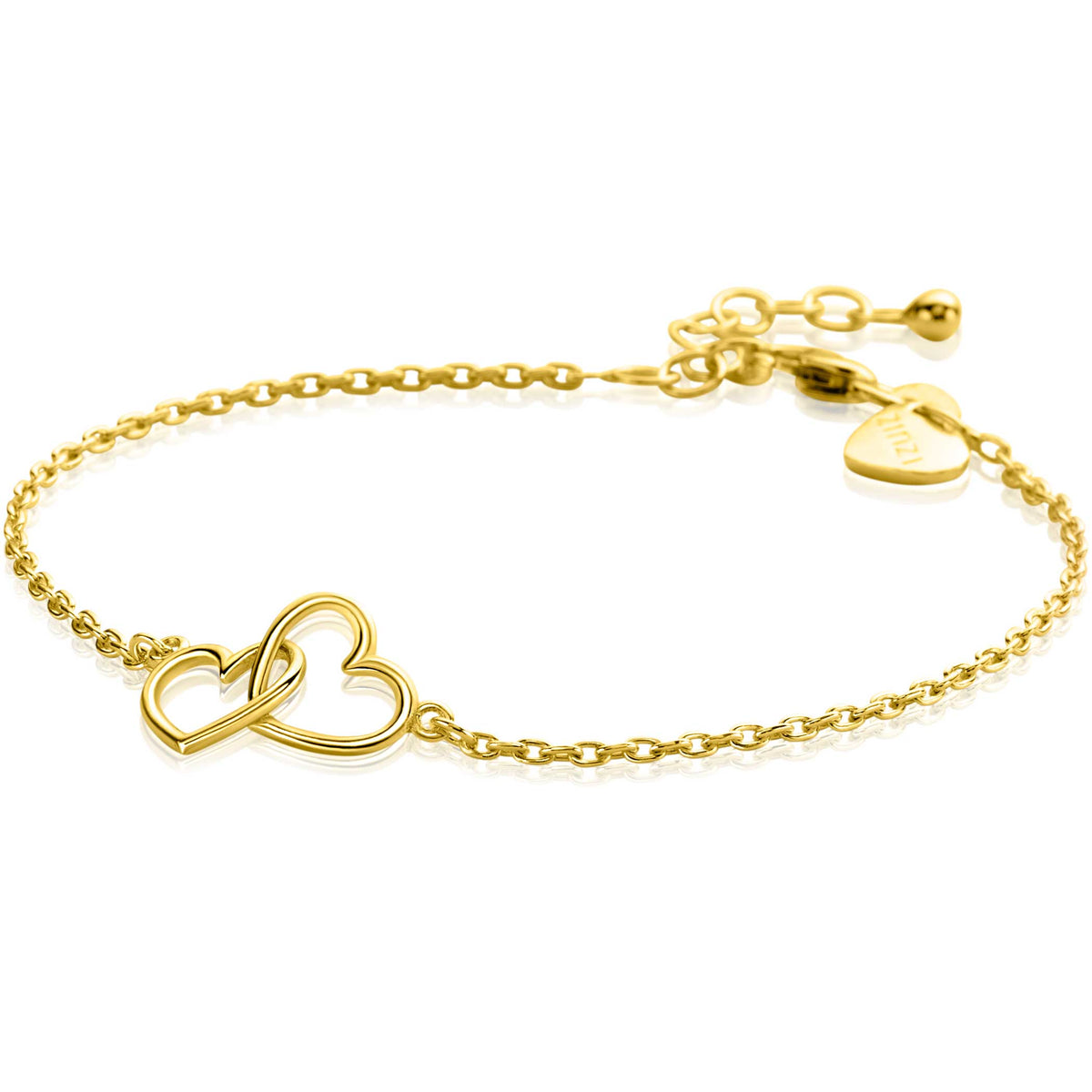 Pulsera dorada con diseño de corazones entrelazados y cadena fina.