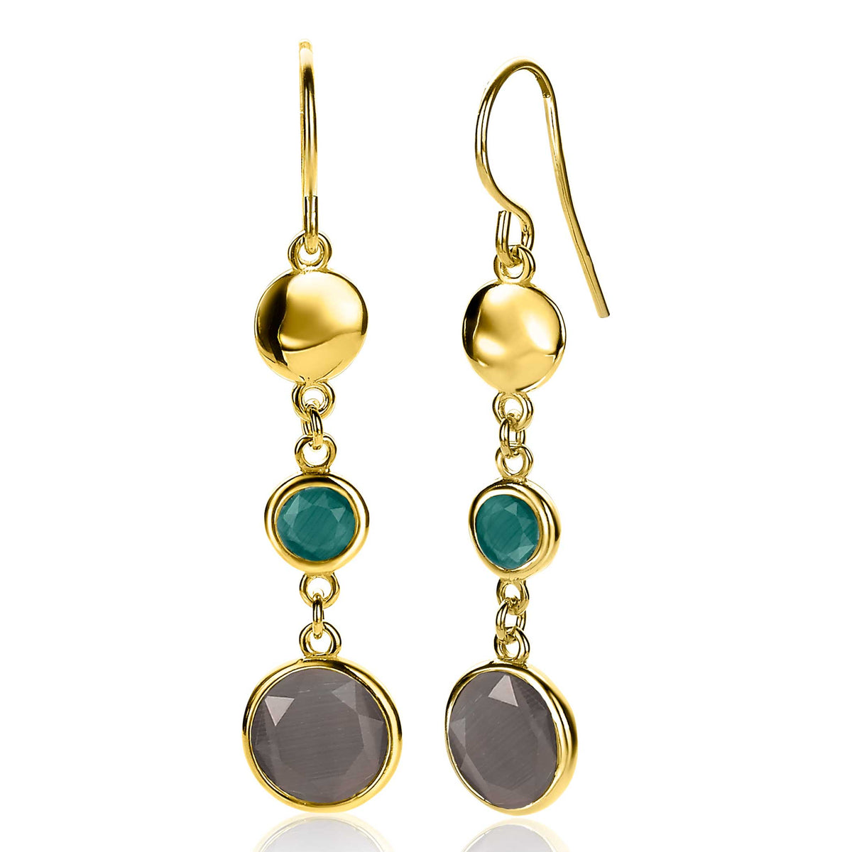 Pendientes largos dorados con piedras en tonos verde y gris.