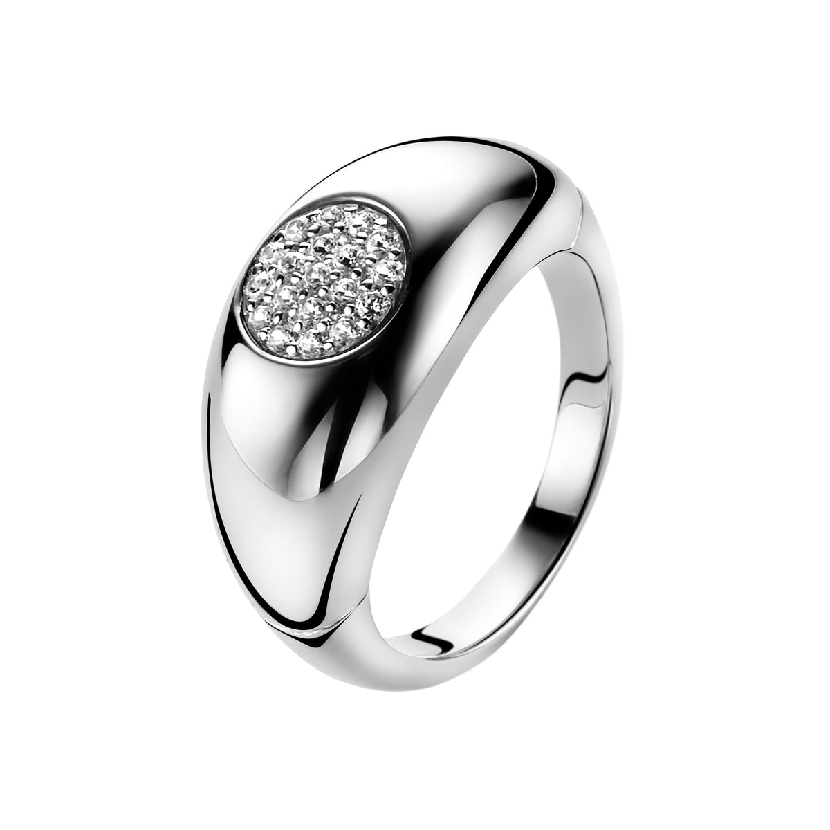 Anillo de plata con un diseño pulido y un círculo de piedras brillantes en el centro.