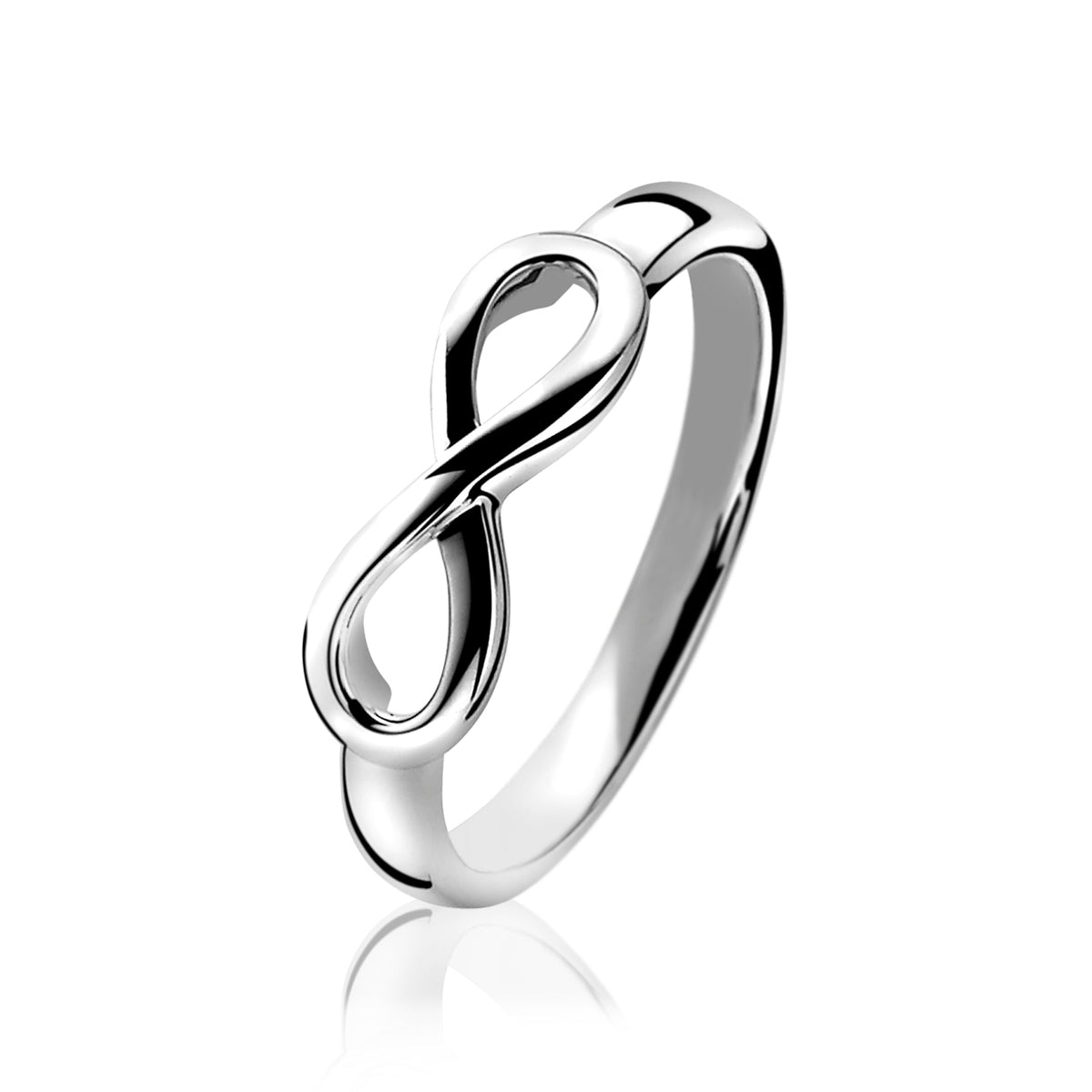 Anillo de plata con diseño de infinito y acabado pulido.