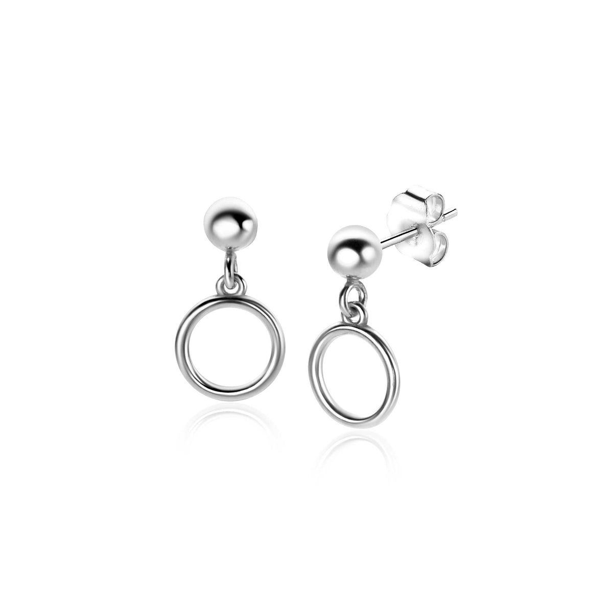 Pendientes de plata con un diseño de aro colgante y esfera en la parte superior.