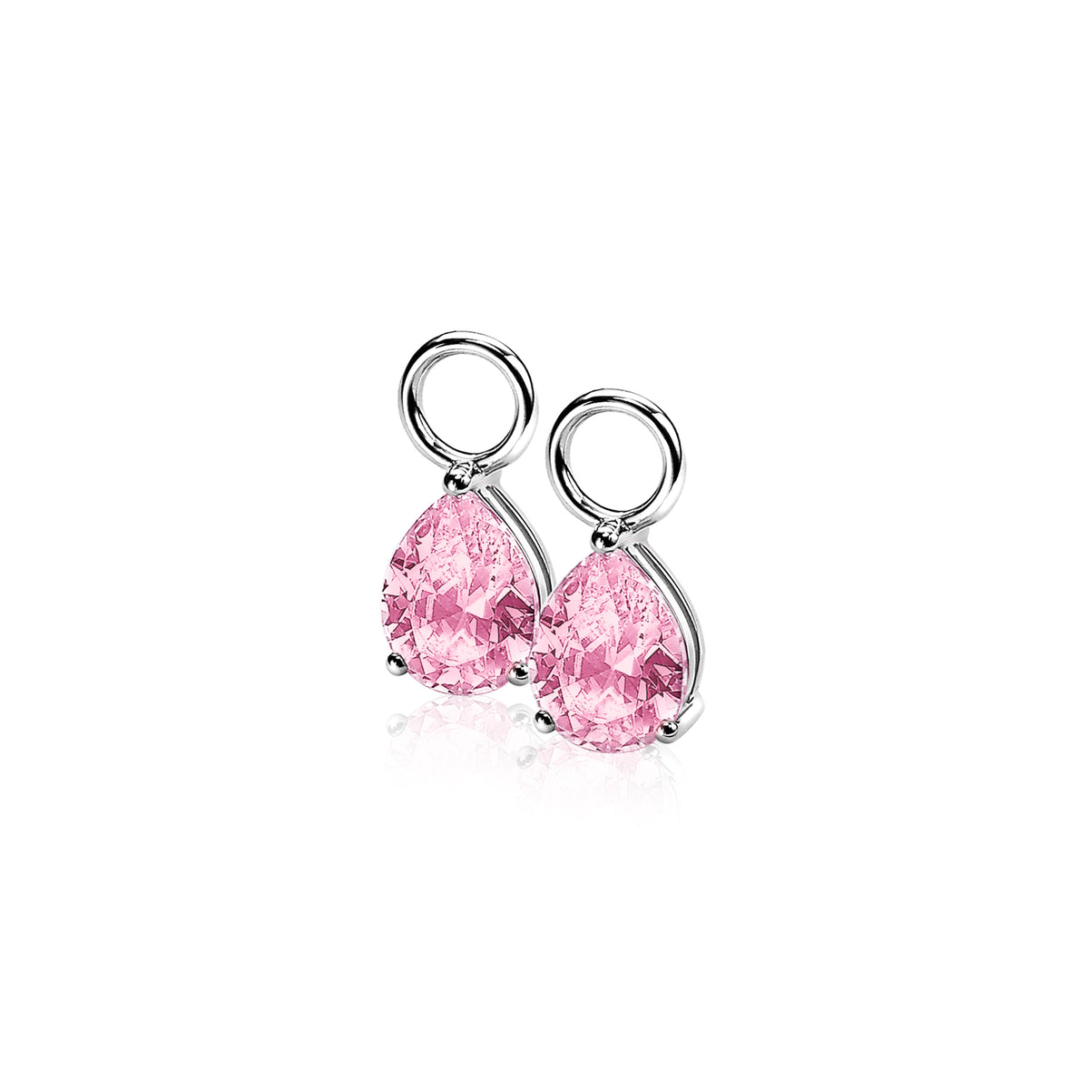 Pendientes de plata con forma de gota y piedras rosas brillantes.