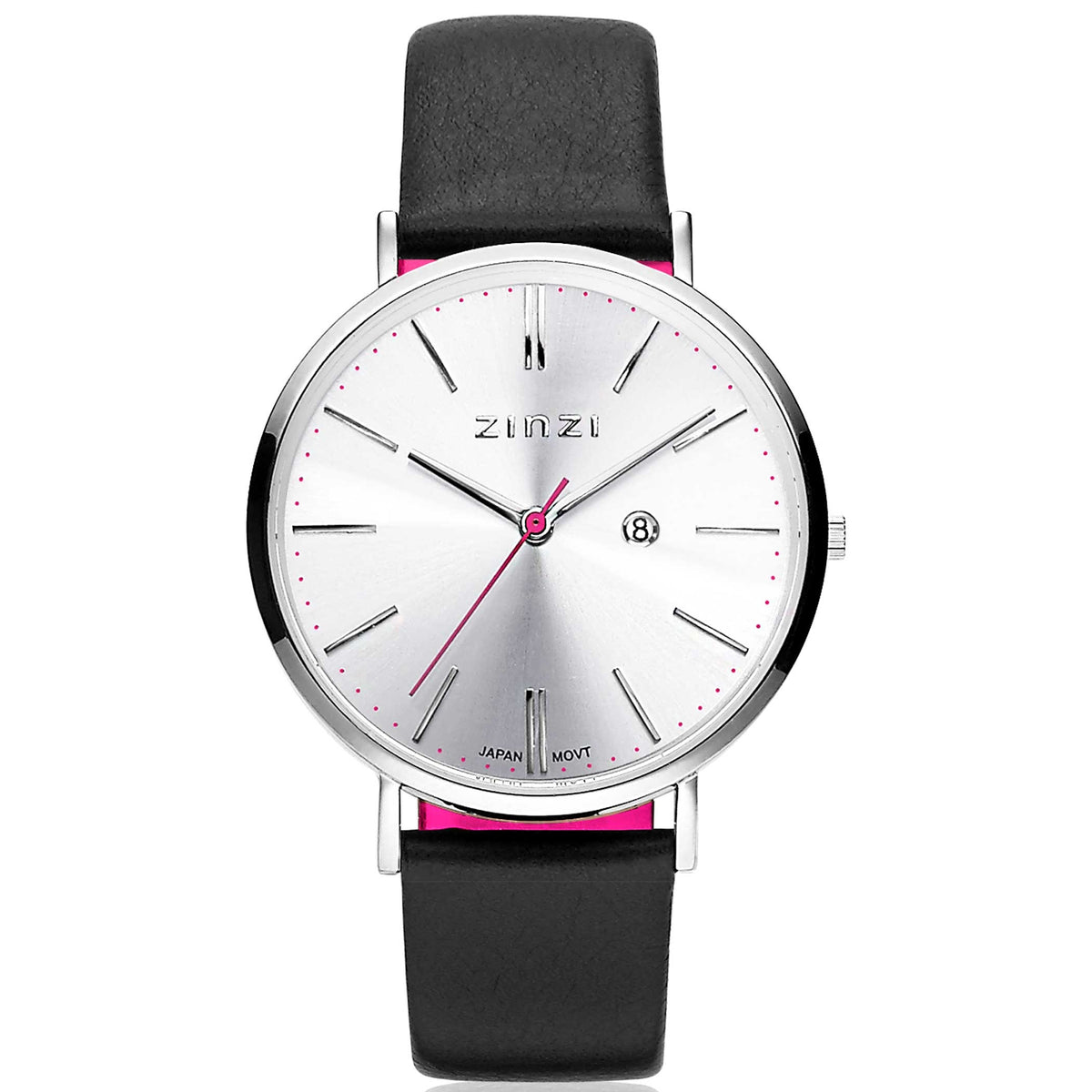 Reloj de acero color plateado con esfera plateada y correa de cuero negra.
