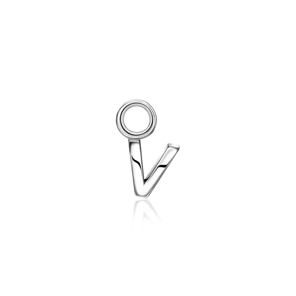 Pendiente de plata con diseño moderno en forma de letra V y un círculo.