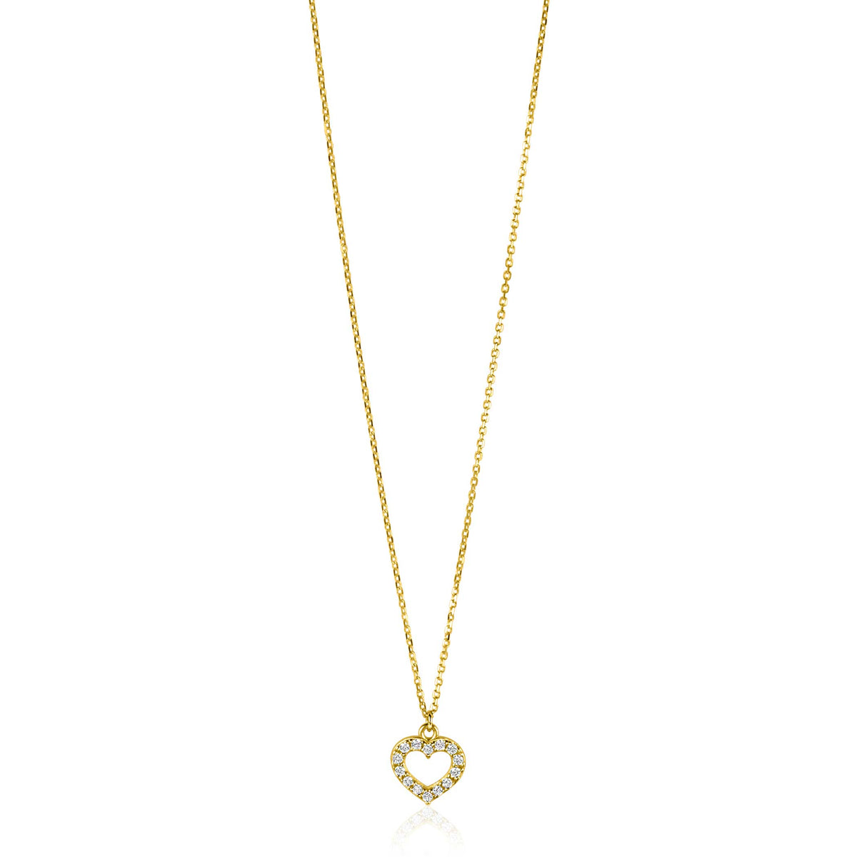 Collar dorado con colgante en forma de corazón adornado con piedras brillantes.