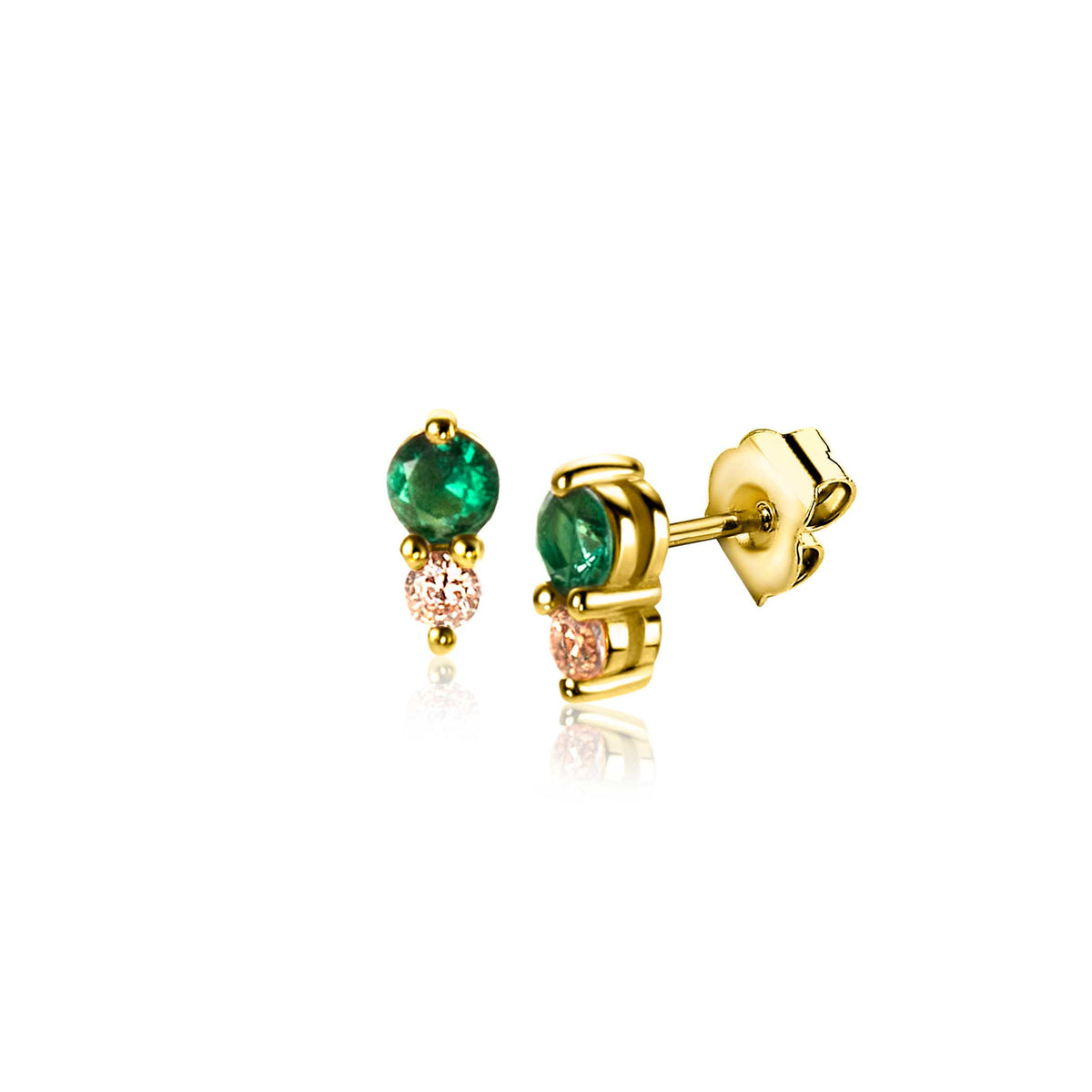 Pendientes de oro con piedras verdes y rosadas, diseño de dos gemas.