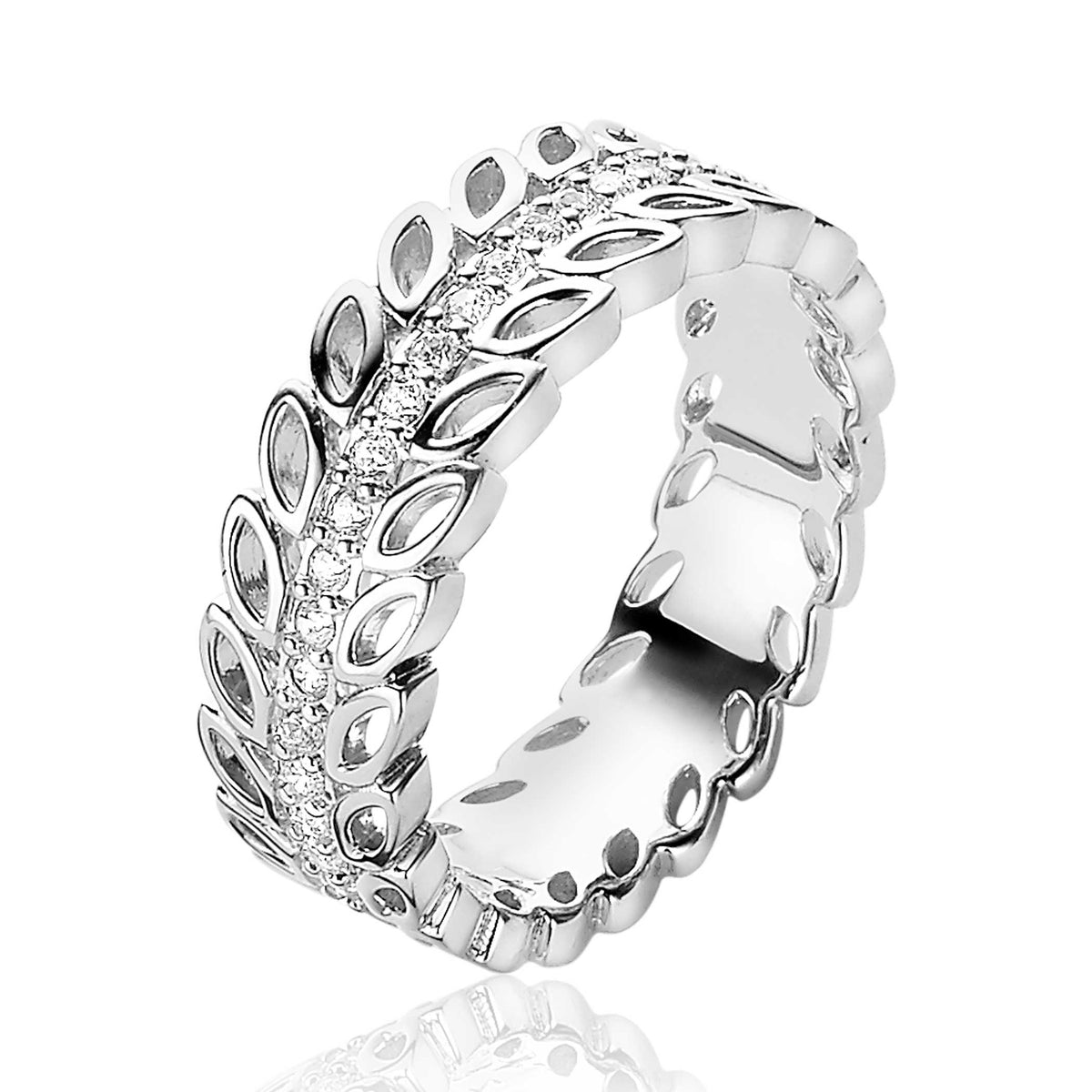 Anillo de plata con diseño de hojas y detalles de circonitas.