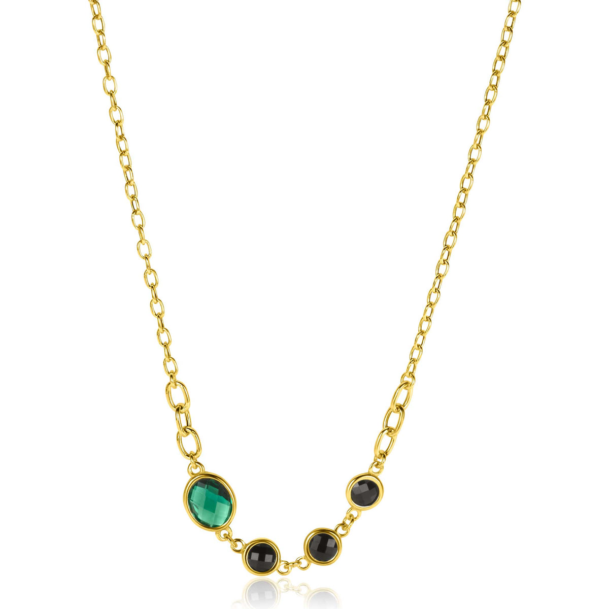 Cadena dorada con piedras preciosas verdes y negras en un diseño delicado.