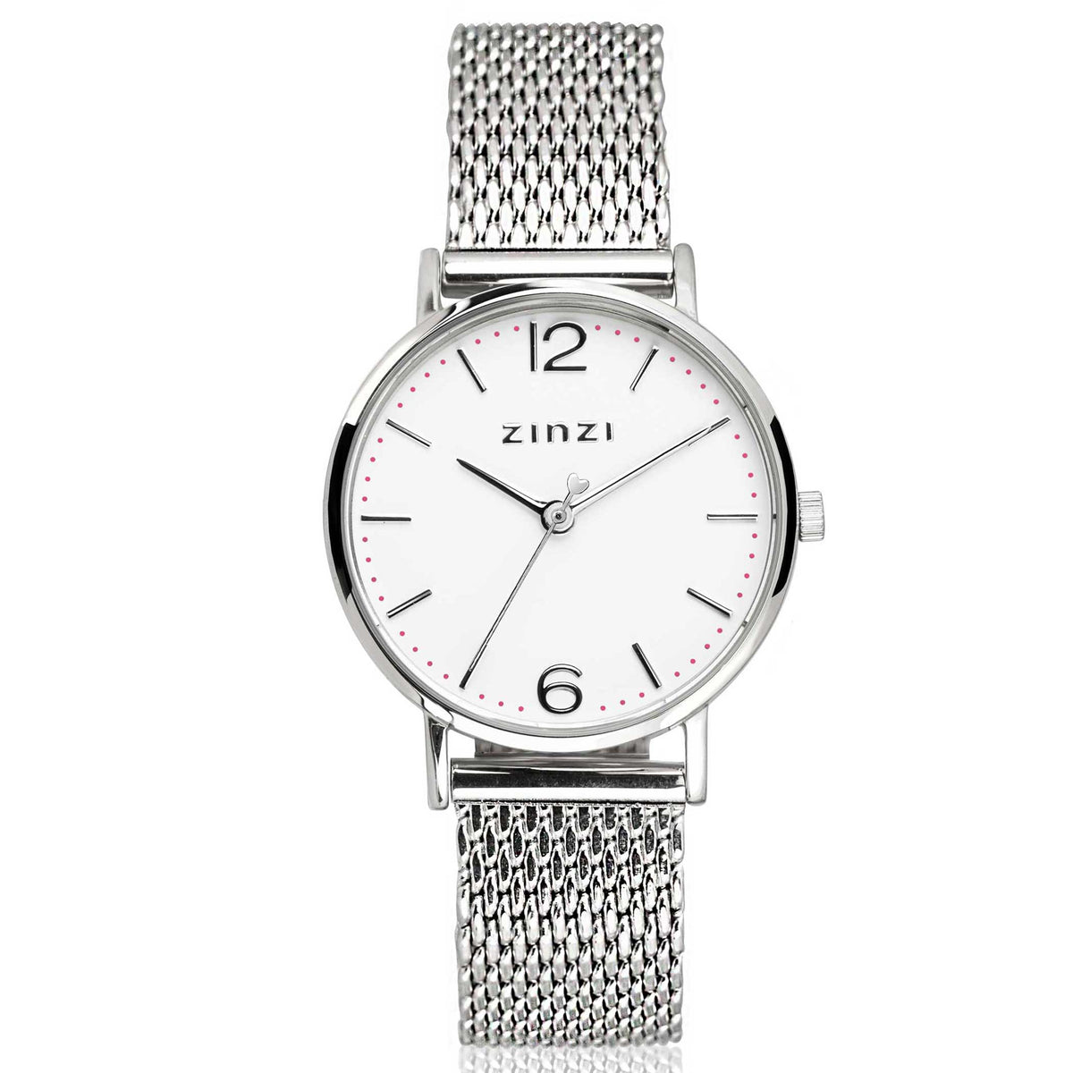 Reloj de acero color plateado con esfera blanca, malla metálica y números en negro y rojo.